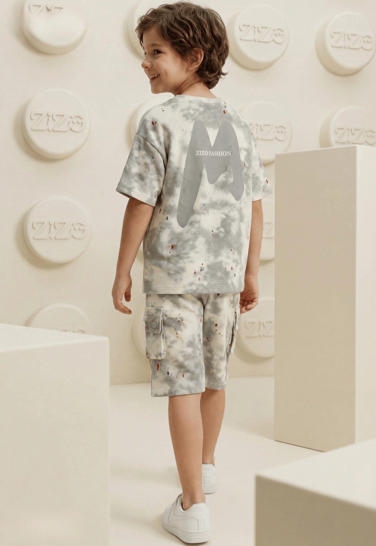 طقم اولادي صيفي قطعتين قطن %100 (M Tie-Dye Cargo Shorts Set)