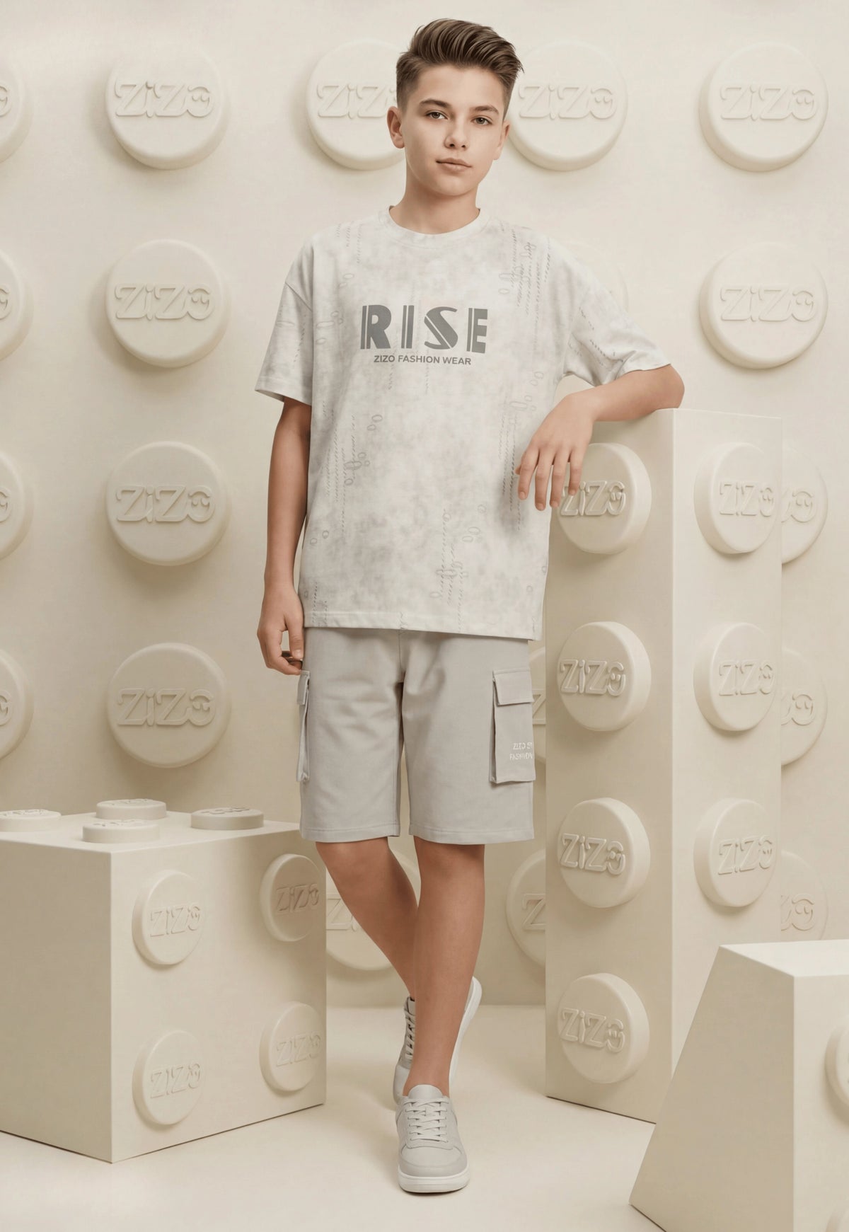 طقم اولادي صيفي قطعتين قطن %100 (Rise Grey Cargo Shorts Set)