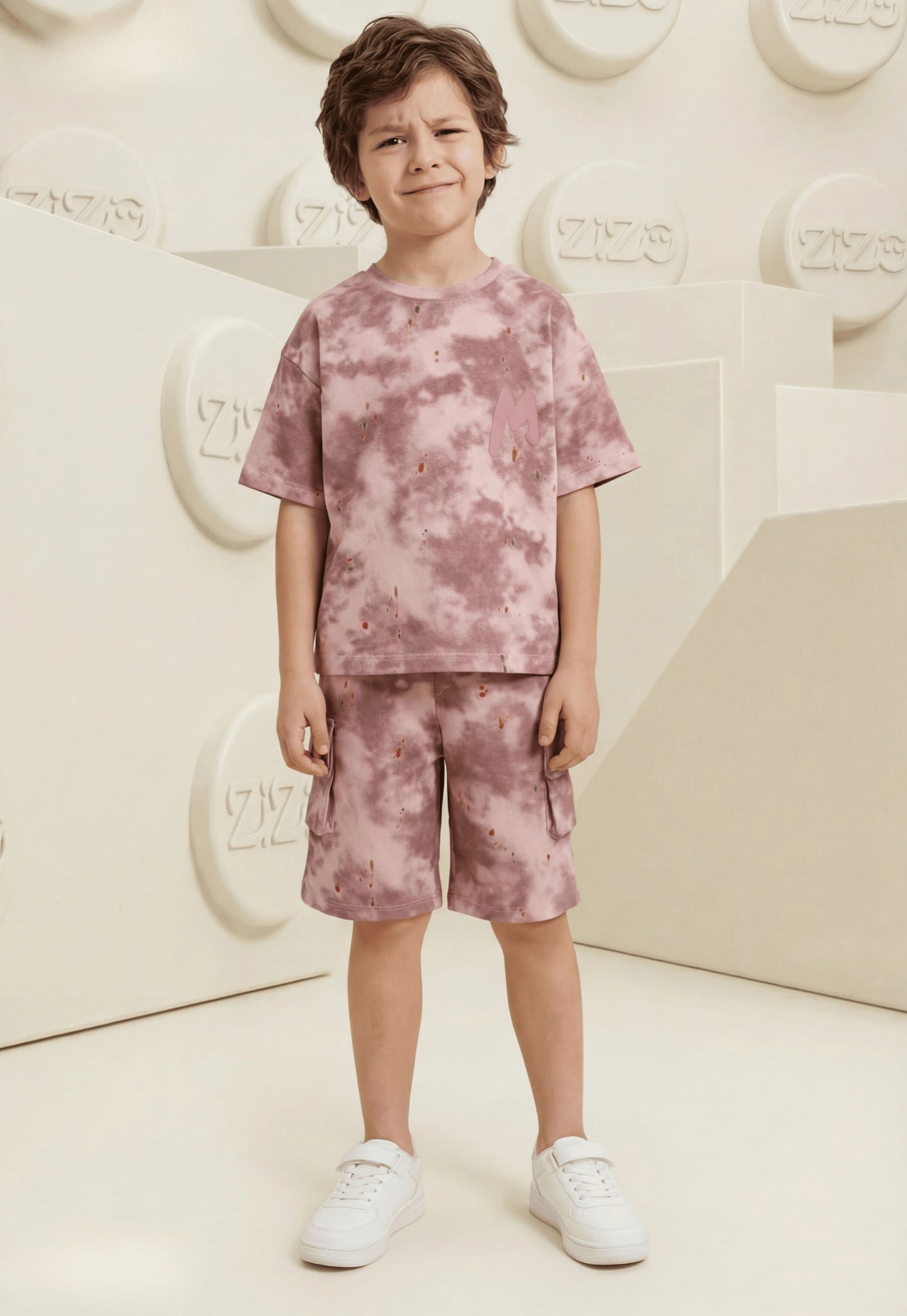 طقم اولادي صيفي قطعتين قطن %100 (M Tie-Dye Cargo Shorts Set)